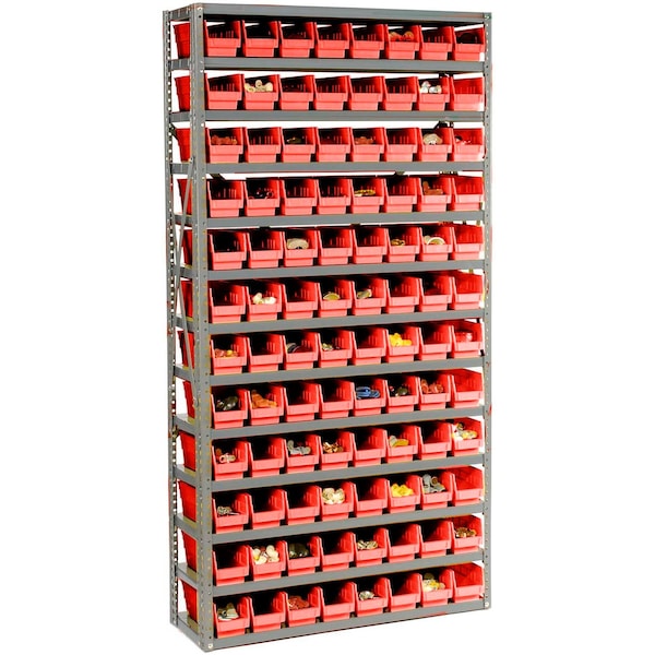 Global Industrial Steel Shelving With 144 4inH Plastic Shelf Bins Red, 36x12x72-13 Shelves 652786RD - main